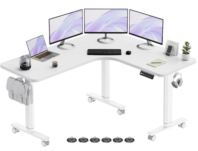 Flycity Electric L Shaped Standing Desk Adjustable Height, 63" x 55" Corner Stand Up Desk, Home Office Desk, Dual Motor Sit Stand Desk, Computer Desk with 3 Memory Preset & Lock, White