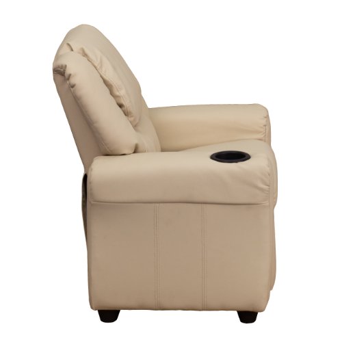 Flash Furniture Vana Vinyl Kids Recliner with Cup Holder, Headrest, and Safety Recline, Contemporary Reclining Chair for Kids, Supports up to 90 lbs., Beige Flash Furniture