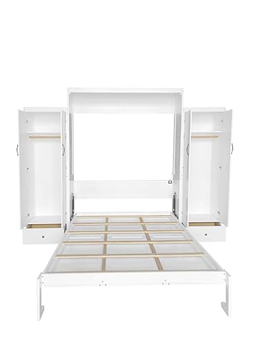 PVWIIK Queen Size Murphy Bed with 2 Wardrobe and Storage Drawer, for Adult,Girls,Boys,Solid Wood Cabinet Bed Frame/Multifunctional Hidden Wall Bed Cabinet,Space-Saving,No Box Spring Needed,White PVWIIK