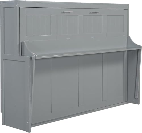 Full Horizontal Murphy Bed with Desk,Solid Wood Folding Hideaway Murphy Wall Bed for Adult,Guest Room (Grey) MERITLINE