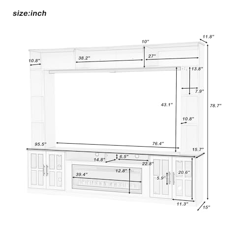 LUMISOL 95.5”W Wall Unit Entertainment Center with Bookshelves for TVs up to 80”, Modern TV Stand Media Console with Electric Fireplace Cabinets and Adjustable Shelves for Living Room, White+Walnut LUMISOL