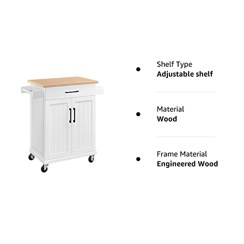Yaheetech Kitchen Cart with Bamboo Tabletop, 34.5" Width Rolling Kitchen Island with Drawer and Adjustable Shelf, Storage Cabinet with Spice Rack Towel Bar for Dining Room Kitchen Living Room, White Yaheetech