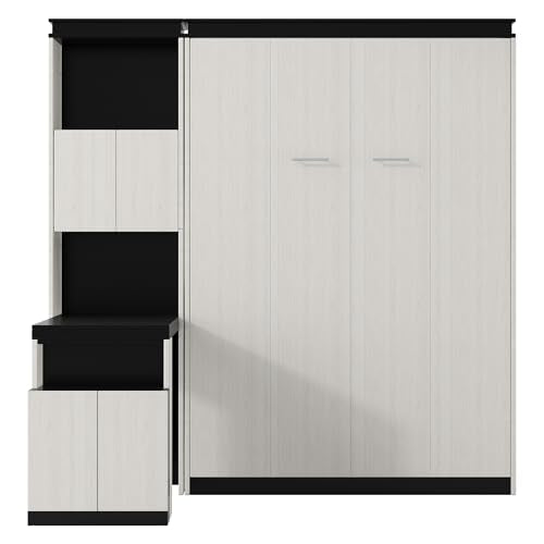 SOFTSEA Full Size Murphy Bed with Desk and Storage Shelves and Cabinets, Black+White SOFTSEA