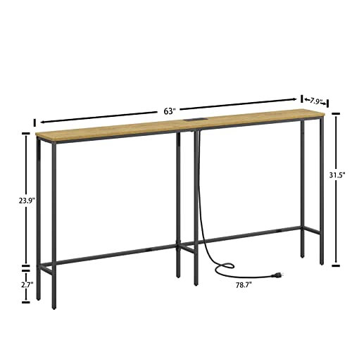 SONGXIN 63 Inch Console Table with Power Outlet,Modern Narrow Long Sofa Table Behind Couch,Skinny Entry Table with Black Metal Frame for Entryway,Living Room, Hallway,3D Oak SONGXIN