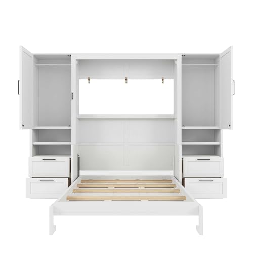 SOFTSEA Full Murphy Bed with Desk and Wardrobe, 107" Hidden Wall Bed with Double Wardrobes, 4 Drawers, Space Saving Fold Down for Small Spaces, Guest Room, Studio, Home Office, White SOFTSEA