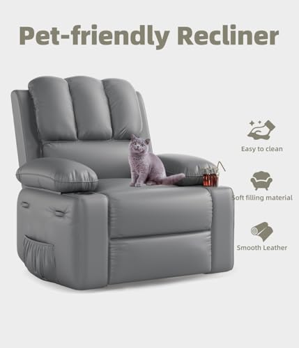 GarveeHome Recliner Chairs, Classic Manual Leather Recliner, Home Theater Seating with Lumbar & Arms Support for Living Room, Bedroom and Nursery (Grey-22“)