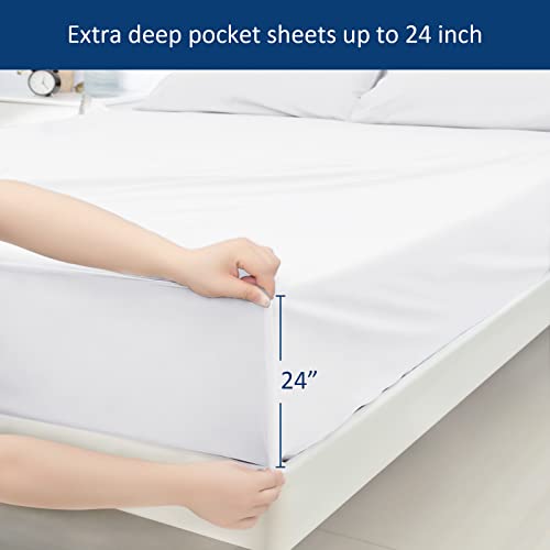 Moonsea Extra Deep Pocket Air Mattress White Sheets Twin Size - 3Pcs Side Storage Pocket Fitted Sheet & Pillowcase Twin Deep Pocket Sheet Sets Easily Fits for Kids 16in to 24in Pillow Top Air Bed Moonsea