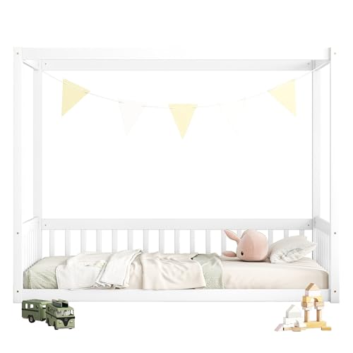 CITYLIGHT White Twin Size Wooden Canopy Bed with Guardrails for Kids CITYLIGHT