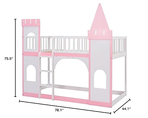 Merax Twin Size Loft Bed Low Bunk Bed, Castle Shaped Wood Bed Frames with Safety Guardrails for Boys or Girls, Pink Merax
