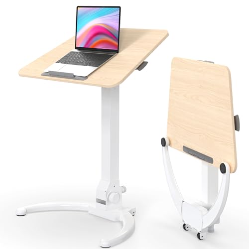 JOY worker Foldable Mobile Standing Desk, Pneumatic Height Adjustable Sit Stand Desk, 90° Tiltable Rolling Laptop Desk, Portable Cart with Wheels Non-Slip Mat for Home Office, Holds Up to 22lbs JOY worker