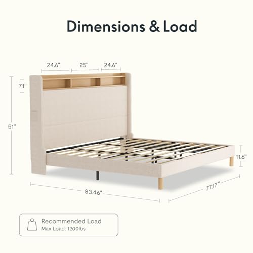 FLEXISPOT 51” King Bed Frame with LED Lights, Charging Station & Storage Shelf, Elegant Corduroy Upholstered Platform Bed with Tall Wingback Headboard, No Box Spring Needed, Beige FLEXISPOT