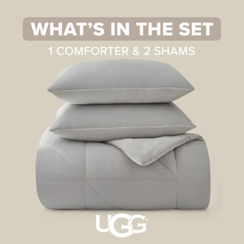 UGG Full/Queen Comforter Set – 3 Piece Luxury Reversible Plush Queen Bed Set with Down Alternative Fill, Soft Comforter Bedding Set with 2 Queen Shams for Home & Bedroom Decor, Seal Gray (Corey) UGG
