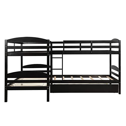 Quad Bunk Bed Twin Over Twin L-Shaped Bunk Bed Compatible with 4 Boys Girls Teens, Gray Bedroom Bed Frame, WoodArtSupply