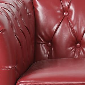 RUSTYER Chesterfield 3 Seater Sofa, Modern Leather Tufted Couch 3 Seater with Rolled Arms and Nailhead Mid-Century Upholstered Couch for Living Room, Bedroom, Apartment and Office, Claret RUSTYER