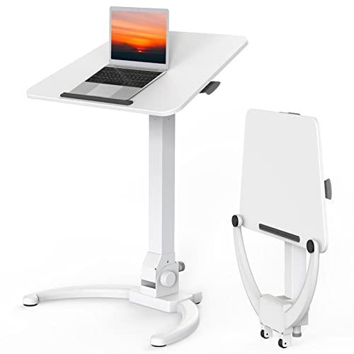 JOY worker Foldable Mobile Standing Desk, Height Adjustable Sit Stand Desk, 90° Tiltable Rolling Laptop Table, Portable Workstation with Wheels Non-Slip Mat for Home Office, Holds Up to 22lbs, White JOY worker