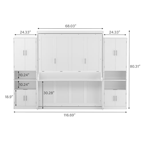 PVWIIK Queen Size Murphy Bed with Desk & Charging Station,Wall Bed Frame Folding into Cabinet Design w/Two Slide Storage Shelf for Small Space,Bedroom,Guest Room,White PVWIIK