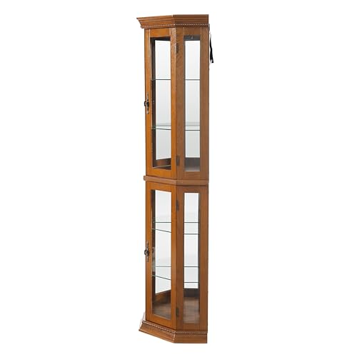 Wekuku Oak Corner Curio Cabinet with Lights Mirrored Back – Adjustable Tempered Glass Shelves, Display Cabinet for Collectibles (E26 Bulb Not Included) Wekuku
