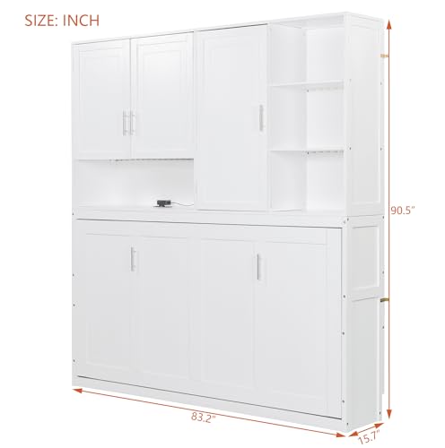 SOFTSEA Twin Murphy Bed with Storage Bookcase and Shelves, Space-Saving Horizontal Wall Bed with LED Light & Charging Stations for Small Spaces, Living Room, Guest Room, Bedroom, Office, White SOFTSEA