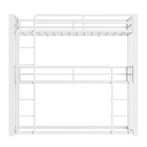 Mixcous Metal Triple Bunk Bed, Twin Over Twin Over Twin Heavy Duty Bunkbeds, Full-Length Guardrail Family-Friendly for All Ages, Bedroom, No Box Spring Needed, Easy Assembly, White Mixcous