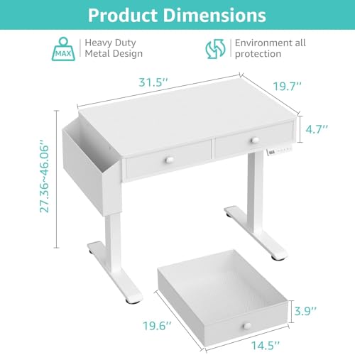 KLUVIS Electric Standing Desk with Drawers, 32 Inch White Small Height Adjustable Sit Stand Desk with Storage for Small Space Home Office Bedroom, Study Writing Stand up Computer Desks for Girls Work KLUVIS