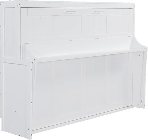 Full Horizontal Murphy Bed with Desk,Solid Wood Folding Hideaway Murphy Wall Bed for Adult,Guest Room (White) MERITLINE