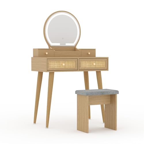 Brafab Small Vanity Desk with Stool for Bedroom, Boho Rattan Compact Makeup Vanity Table with 3 Modes Adjustable LED Mirror, 31" Space Saving Dressing Table Vanity Set, Natural Wood Brafab