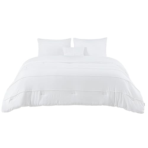Bedsure Full Comforter Set - 4 Pieces Pinch Pleat Bed Set, White Boho Bedding for All Season, 1 Soft Comforter, 2 Pillowcases, 1 Decorative Pillow Bedsure
