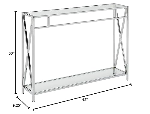 Convenience Concepts Oxford Chrome Console Table 42" - Contemporary Modern Sofa Table with Storage Shelf, Narrow Entryway Hall Table for Living Room, Bedroom, Bathroom, Glass/Chrome Convenience Concepts
