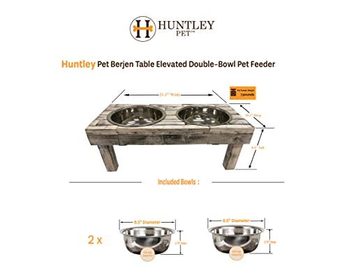 Huntley Equestrian Pet Berjen Table Elevated Double Bowl Pet Feeder, Brown Wash (Large) (02189) Huntley Equestrian