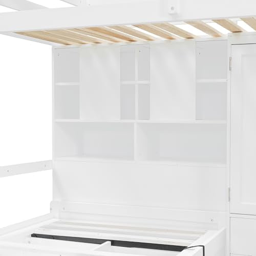 Ball & Cast Twin Size Bunk Bed with Hydraulic Bed & Storage Area,Wood Loft Beds w/Drawers and Wardrobe,Shelves,Space-Saving Bedframe w/Ladder,Full-Length Guardrail,for Apartment,Bedroom,White Ball & Cast
