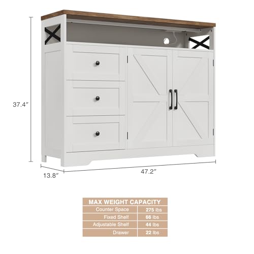 47" Antique White Storage Cabinet with Doors & Drawers, Farmhouse Sideboard Buffet Cabinet with Storage, Kitchen Pantry Hutch Cabinet, Coffee Bar Station Table for Kitchen, Livingroom, Dining Room FiveWillowise