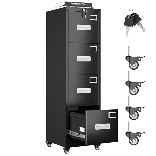 Aobabo 4 Drawer File Cabinet with Lock and Wheels, Metal Vertical Filing Cabinet with Anti-Tilt Interlock System for Home Office, Fits Letter/Legal Size, Black,Required Assembly Aobabo