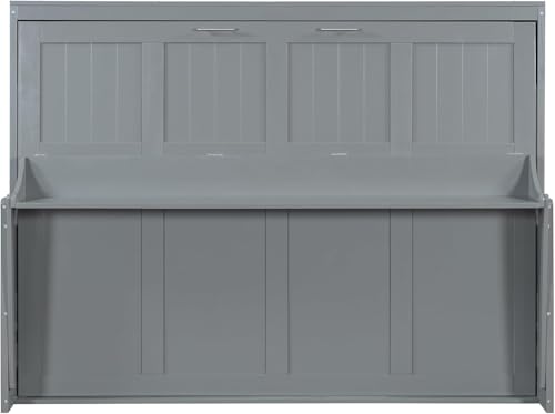 Queen Horizontal Murphy Bed with Desk,Solid Wood Folding Hideaway Murphy Wall Bed for Adult,Guest Room (Grey,Queen) MERITLINE