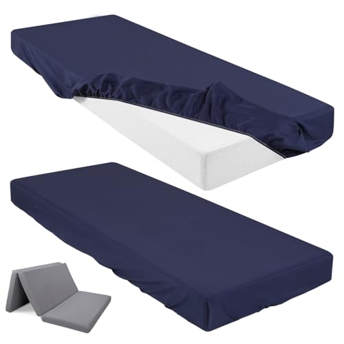 Breling Fitted Sheet (Sheet Only) Compatible with Milliard Trifold Mattress Folding Mattress Fitted Microfiber Bedclothes for Camp Bunk Rvs Bed(Navy Blue,2 Pcs,Single,4'') Breling