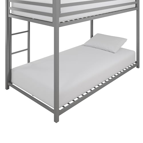 DHP Miles Silver Low Metal Bunk Bed Frame for Kids - Twin Over Twin with Built-in Ladder and High Guardrails DHP
