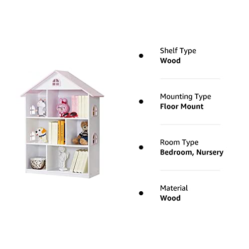 WODENY Pink Wooden Dollhouse Bookcase - 3-Tier Storage Organizer for Kids' Toys and Books WODENY