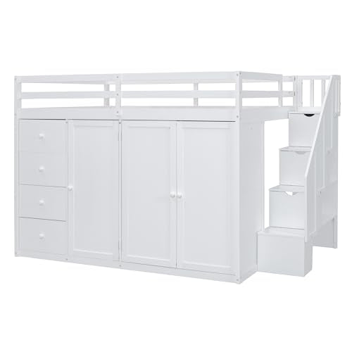 Ball & Cast Full Size Loft Bed with Storage Staircase & Safety Guardrail,Sturdy Wood Bedframe W/ 3 Cabinets & 4 Drawers,Built-in Wardrobes,Space Saving,for Boy Girl Kids Small Bedroom Dormitory,White Ball & Cast