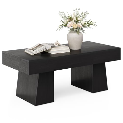 LITTLE TREE Farmhouse Coffee Table, 47 Inches Wooden Rectangular Accent Center Tables with Thick Base, Modern Low Cocktail Tea Furniture for Living Room (Black) LITTLE TREE