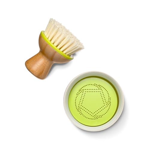 Full Circle Bubble Up- Eco-Friendly Bamboo Dish Brush & Ceramic Soap Dispenser - Natural Scrub Set for Dishes, Cast Iron - Kitchen Cleaning with Handle, White Full Circle