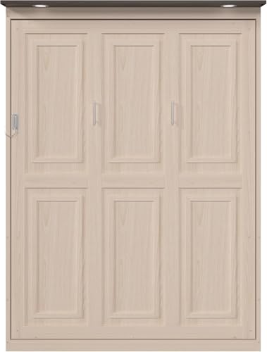 MERITLINE Queen Farmhouse Murphy Bed with LED, Solid Wood Vertical Murphy Wall Bed Cabinet for Adults (Natural Wood) MERITLINE