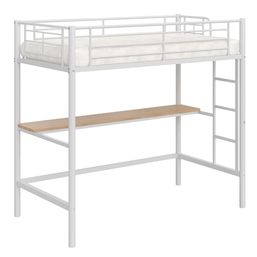 VECELO Loft Bed Twin Size with Desk, Metal Bedframe with Removable Ladder and Safety Guardrail, No Box Spring Needed, Space Saving, Noise Free, Nature&White VECELO