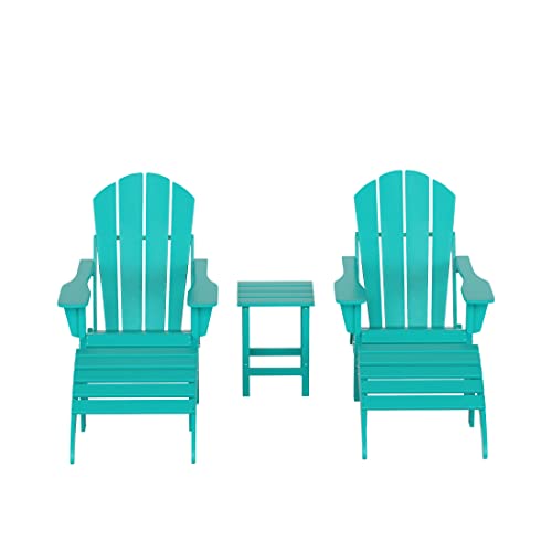 WestinTrends Malibu Outdoor Lounge Chairs Set, 5-Pieces Adirondack Chair Set of 2 with Ottoman and Side Table, All Weather Poly Lumber Patio Lawn Folding Chair for Outside, Turquoise WestinTrends