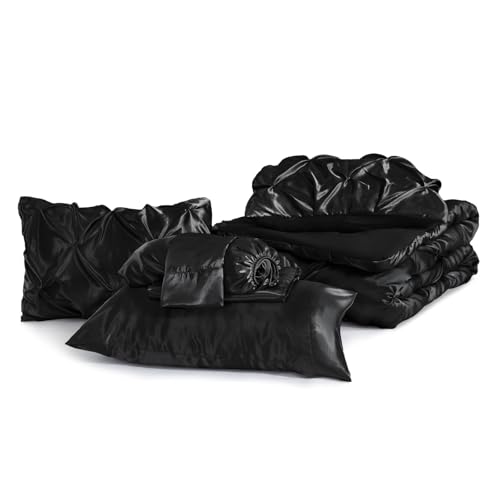 BEDELITE Satin Comforter Set Queen Size, 7 Pieces Luxury Pintuck Bed in A Bag with Comforter, Flat Sheet, Fitted Sheet, Pillowcases, Shams, Soft Cozy Similar to Silk Bed Set for All Seasons (Black) BEDELITE