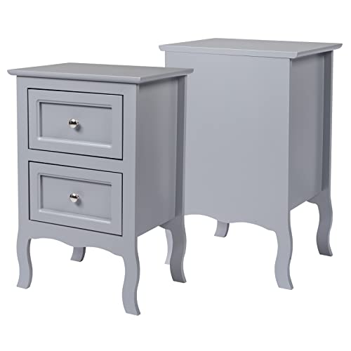 Karl home Grey Nightstand Set of 2 for Bedroom, Vintage Small Night Stand with Drawers, Farmhouse Side Table, Wooden End Tables with Curved Legs for Office, Mid-Century Karl home