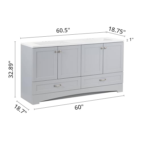 Spring Mill Cabinets Emlyn 60 Inch Double-Sink Bathroom Vanity with White Top, 2 Cabinets, 2 Drawers, 60.5" W x 18.75" D x 32.89", Pearl Gray Spring Mill Cabinets