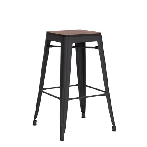 Alunaune 24" Metal Bar Stools Set of 4 Stackable Counter Height Barstools Backless Industrial Kitchen Bar Chairs with Wooden Seat-Matte Black Alunaune