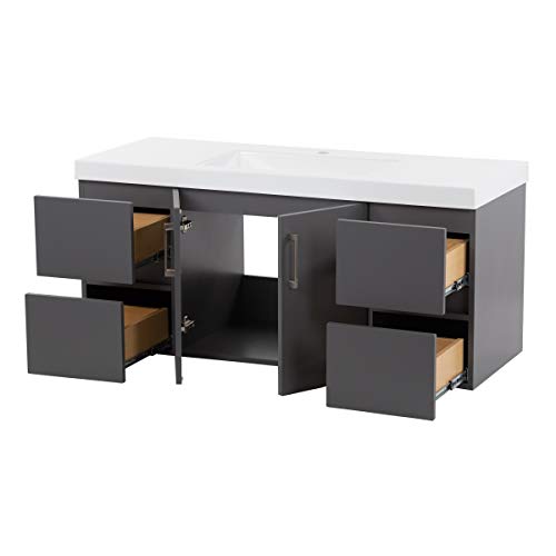 Spring Mill Cabinets Innes 48 Inch Floating Bathroom Vanity with White Single Sink Top, 2-Door Cabinet, 4 Soft-Close Drawers, 48.5" W x 18.75" D x 22.25" H, Cement Spring Mill Cabinets