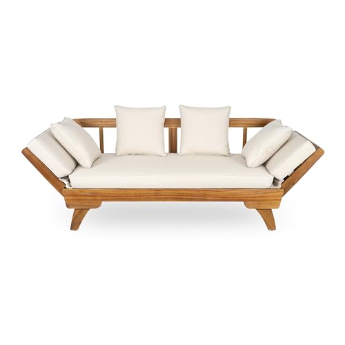 Merax Outdoor Patio Daybed Sofa,3-Seat Sofa with Foldable Arm 4 Back Pillows,Teak Acacia Wood Frame Beige Removable Cushion,Teak+ Beige Merax