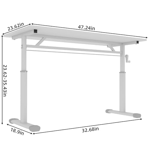 Penau Adjustable Height Standing Desk, Manual Crank Sit to Stand Computer Desk, Minimalist White Engineered Wood Top, T-Shape Iron Frame for Home Office, 47.24 x 23.62 x 35.43 Inchs. Penau