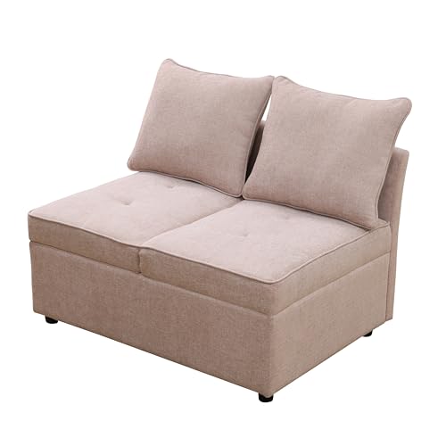 UOCFYK Convertible Ottoman Sofa with Storage, Modern Sackcloth Futon Couch with 2 Pillows Adjustable Backrest, Recliner Folding Loveseat for Living Room, Apartment Dorm, Office,Pink UOCFYK